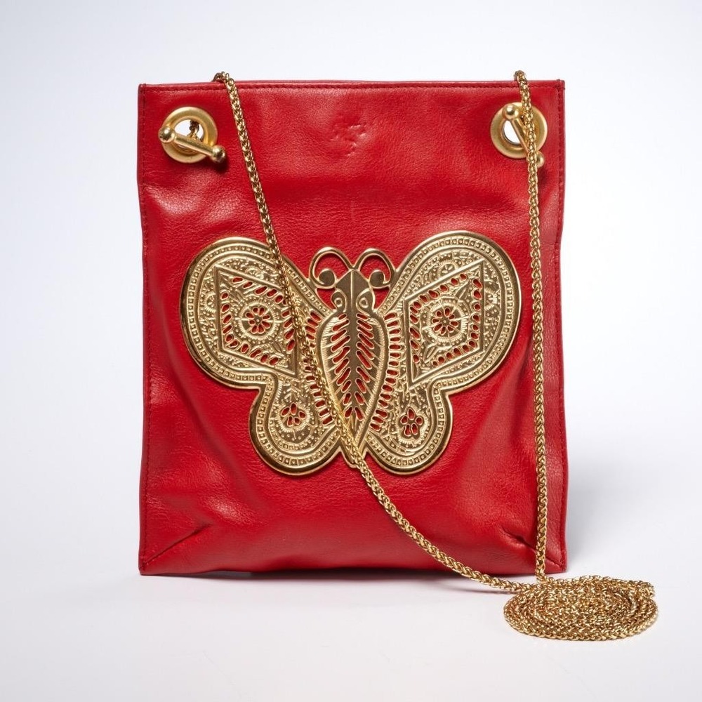 Kenneth Jay Lane KJL SATC Red Leather Gold Gilt Brass Butterfly Handbag Purse